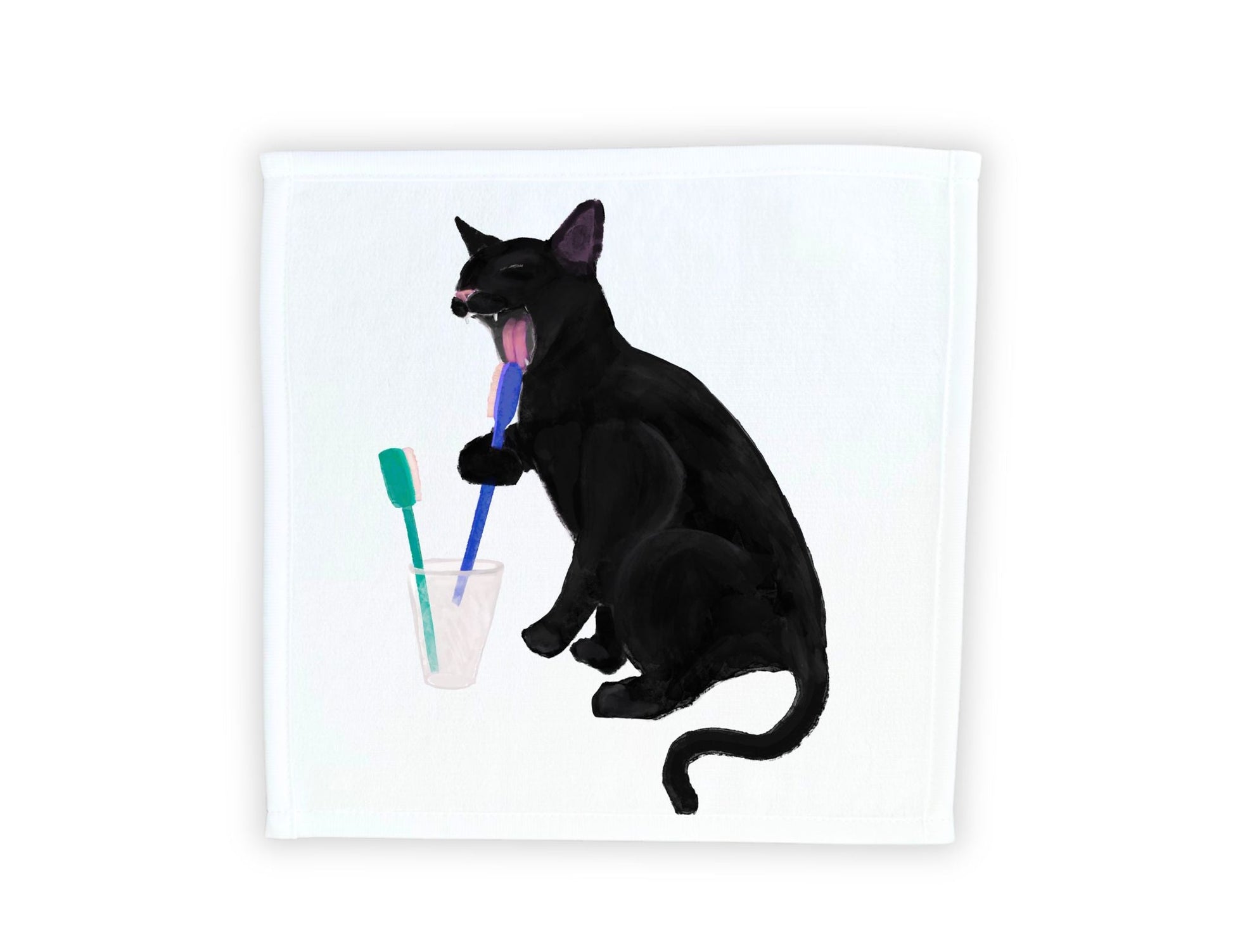 Black Cat Brushing Teeth Washcloth - MerikaArt