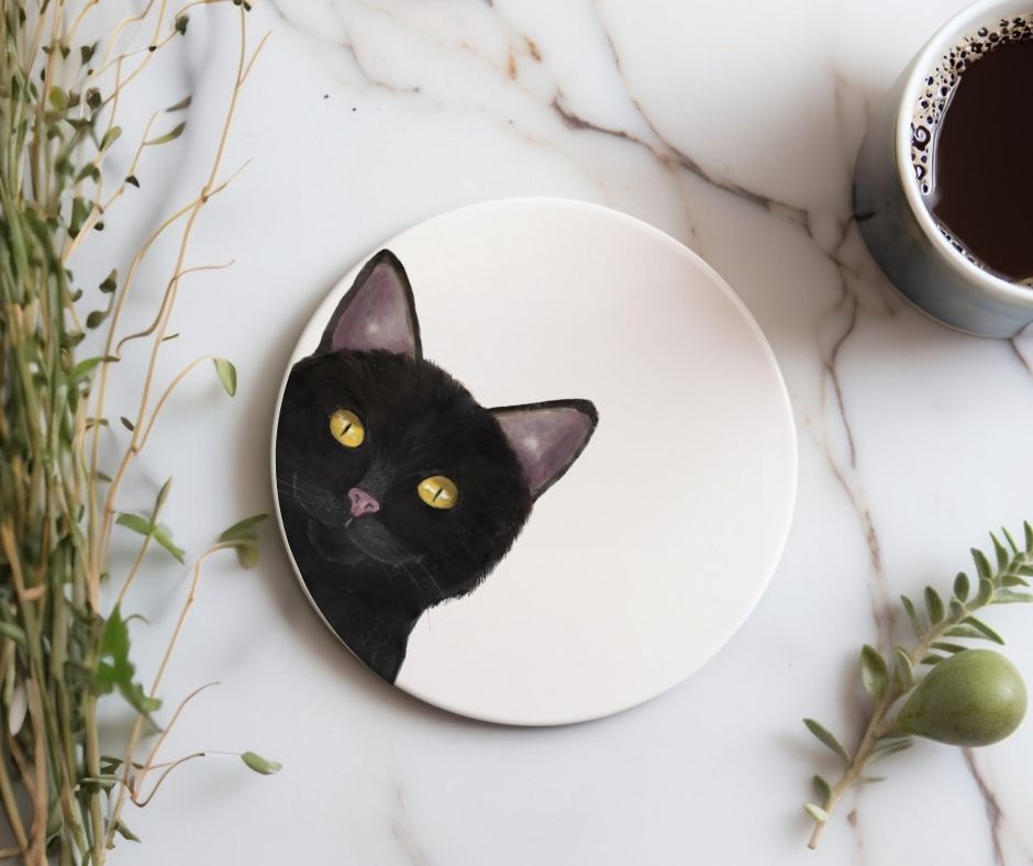 Black Cat Ceramic Coaster - MerikaArt