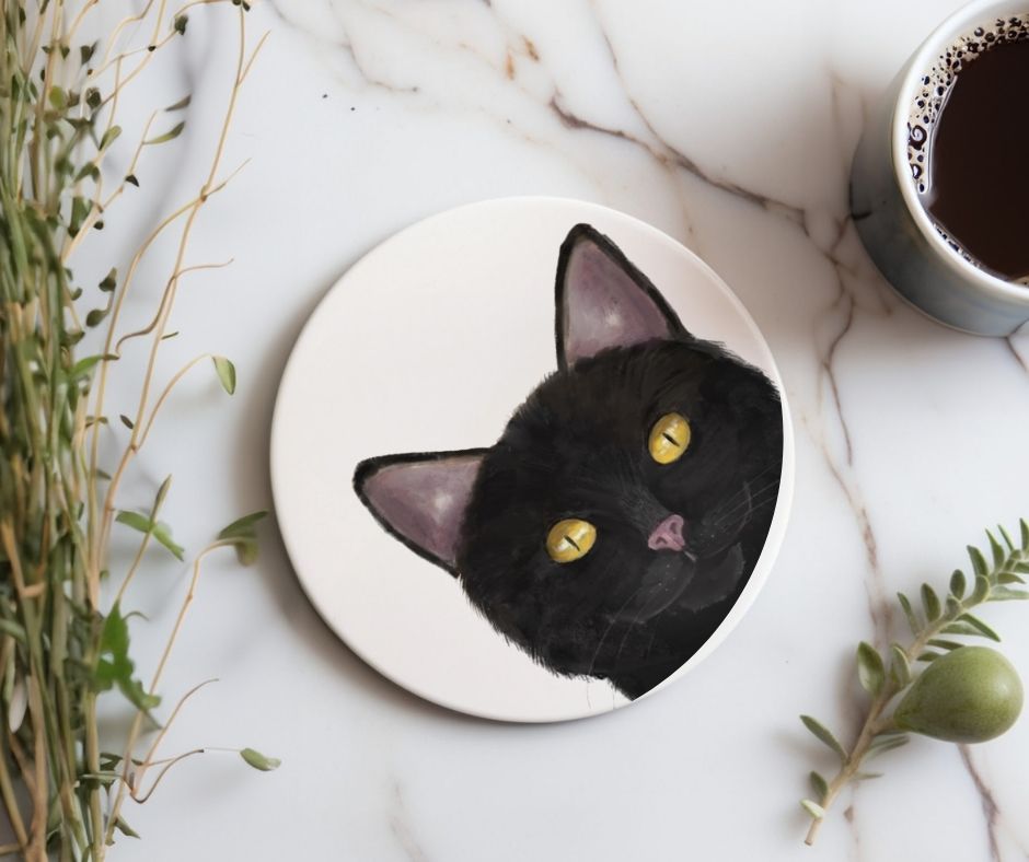 Black Cat Ceramic Coaster - MerikaArt