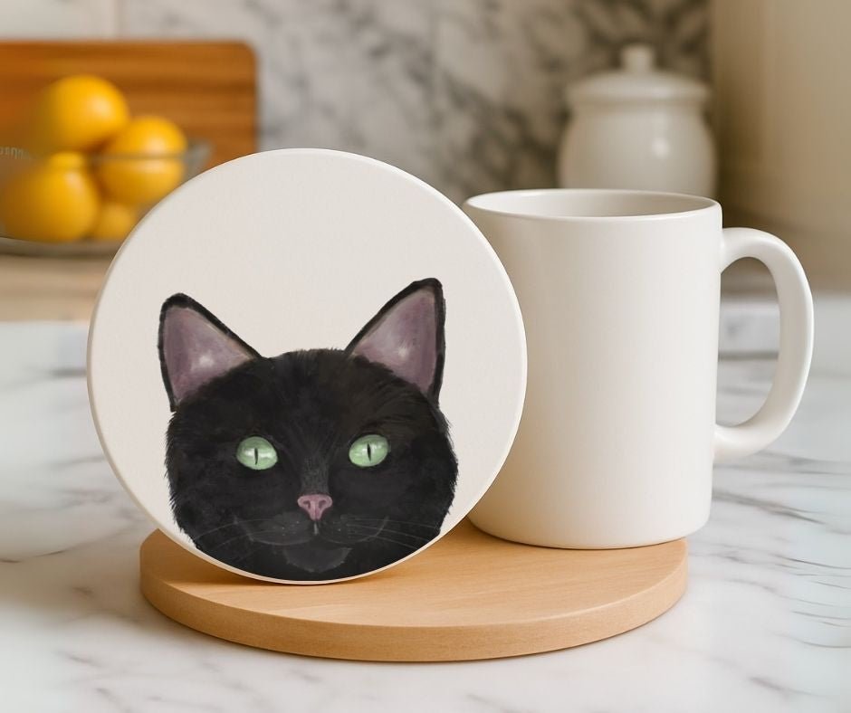 Black Cat Ceramic Coaster - MerikaArt