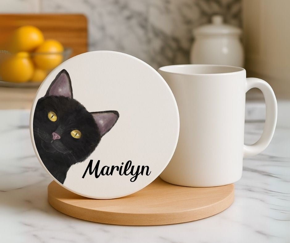 Black Cat Ceramic Coaster - MerikaArt