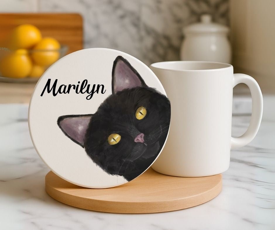 Black Cat Ceramic Coaster - MerikaArt