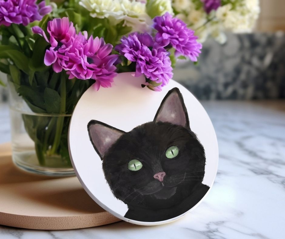 Black Cat Ceramic Coaster - MerikaArt