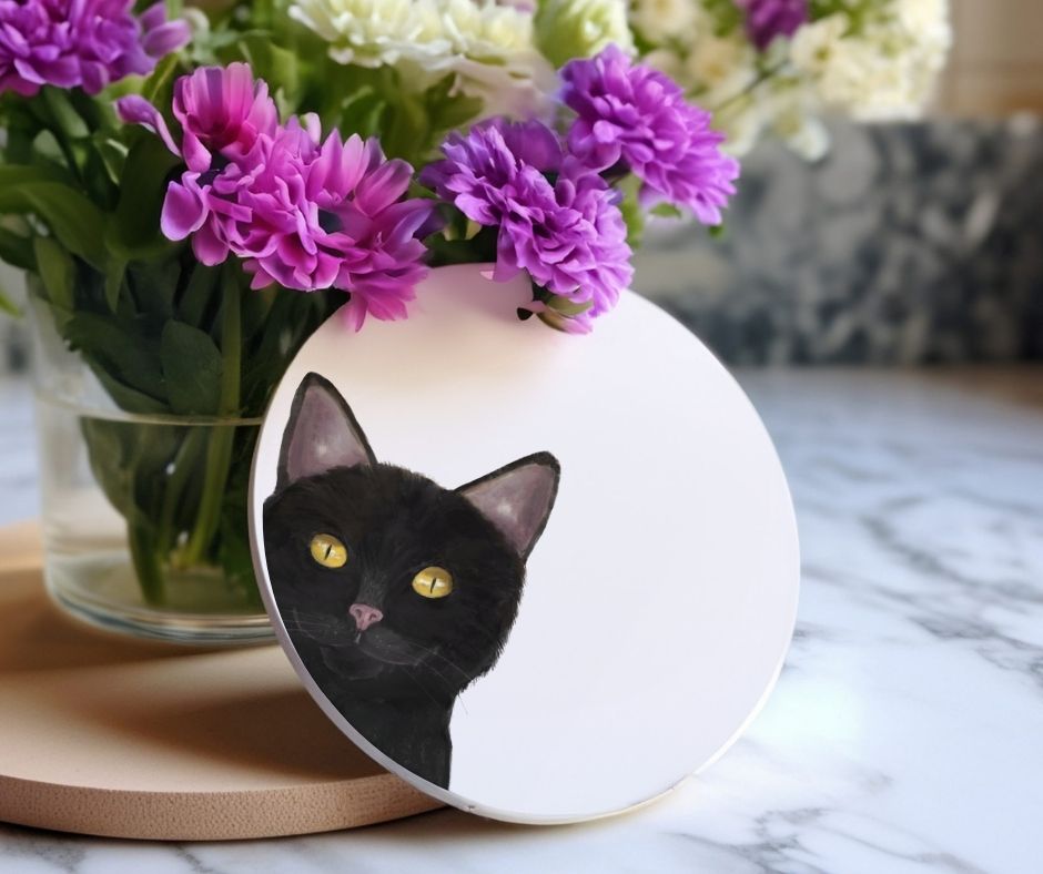 Black Cat Ceramic Coaster - MerikaArt