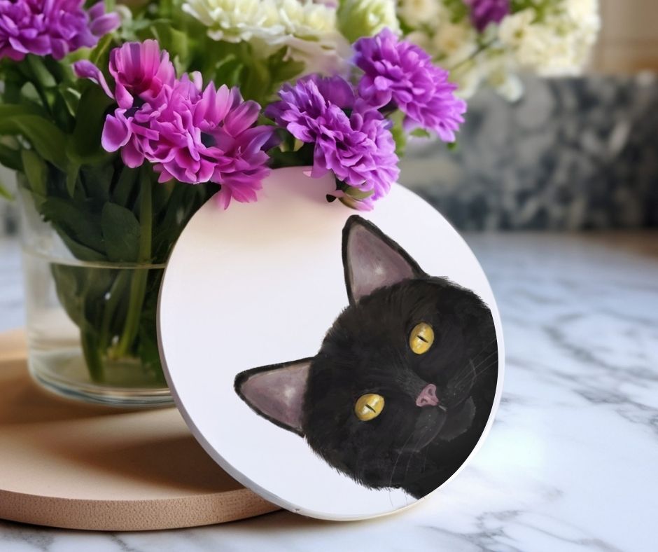Black Cat Ceramic Coaster - MerikaArt