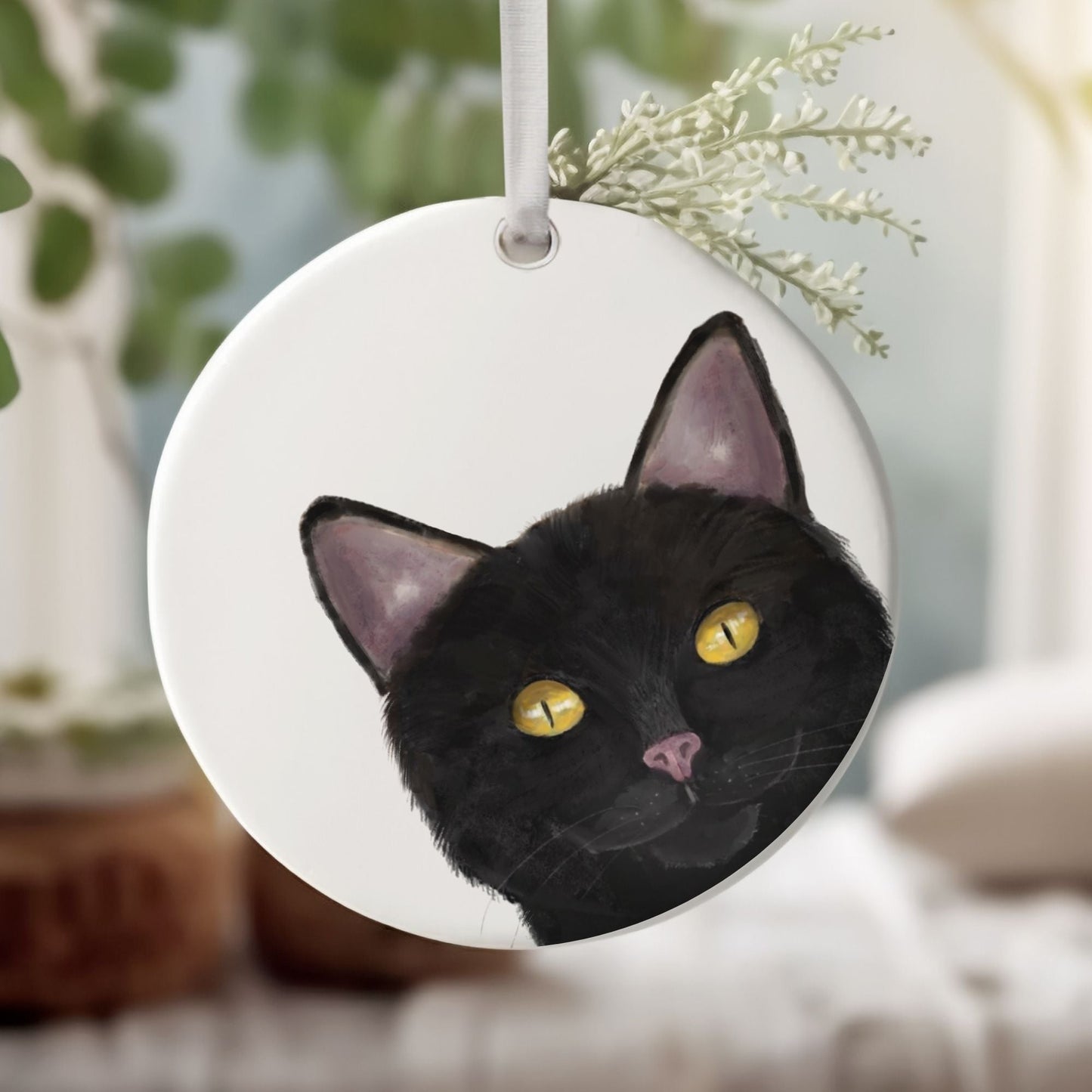 Black Cat Ceramic Ornament - MerikaArt