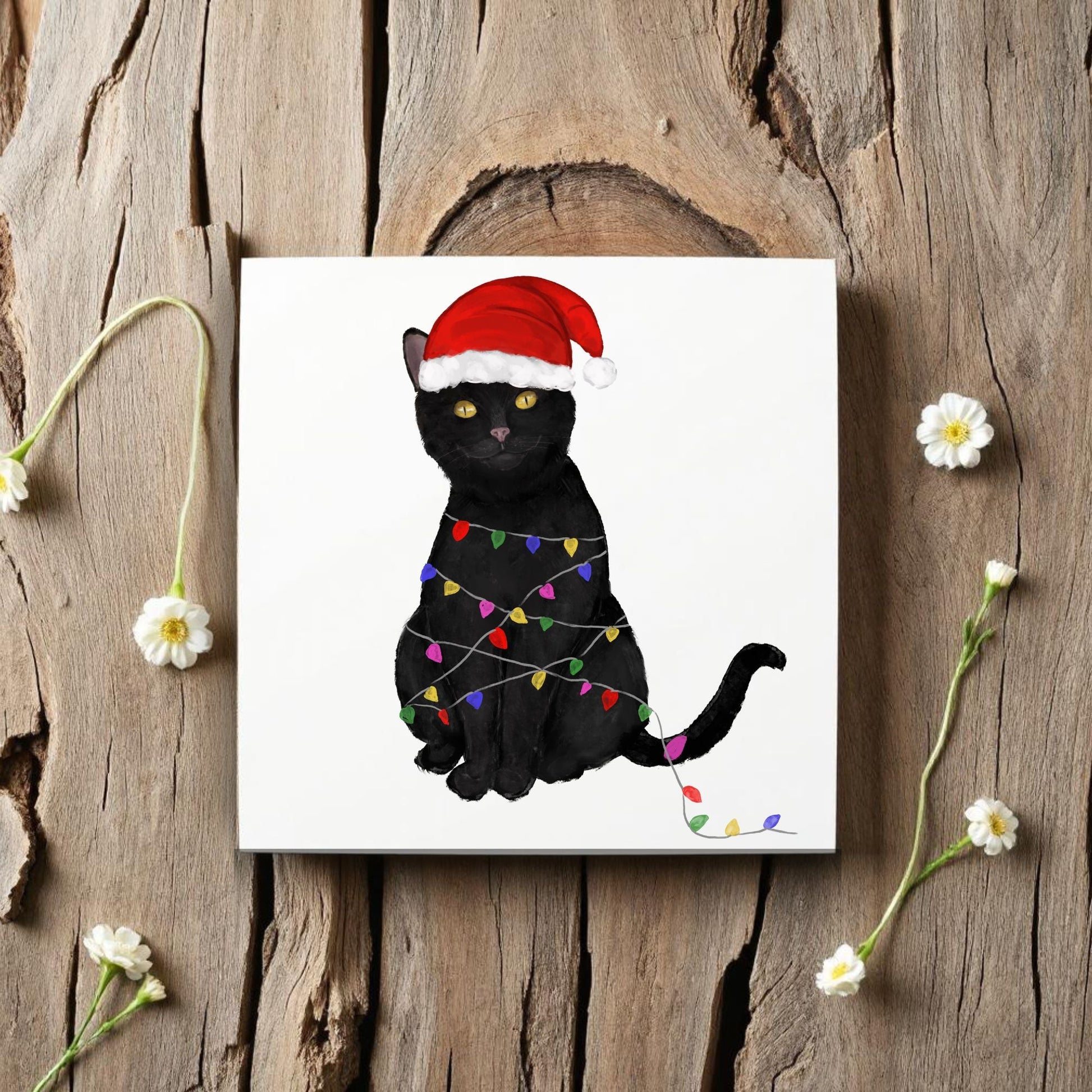 Black Cat Christmas Lights Ceramic Tile - MerikaArt