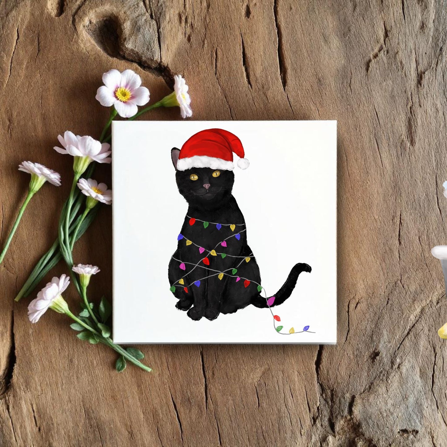 Black Cat Christmas Lights Ceramic Tile - MerikaArt