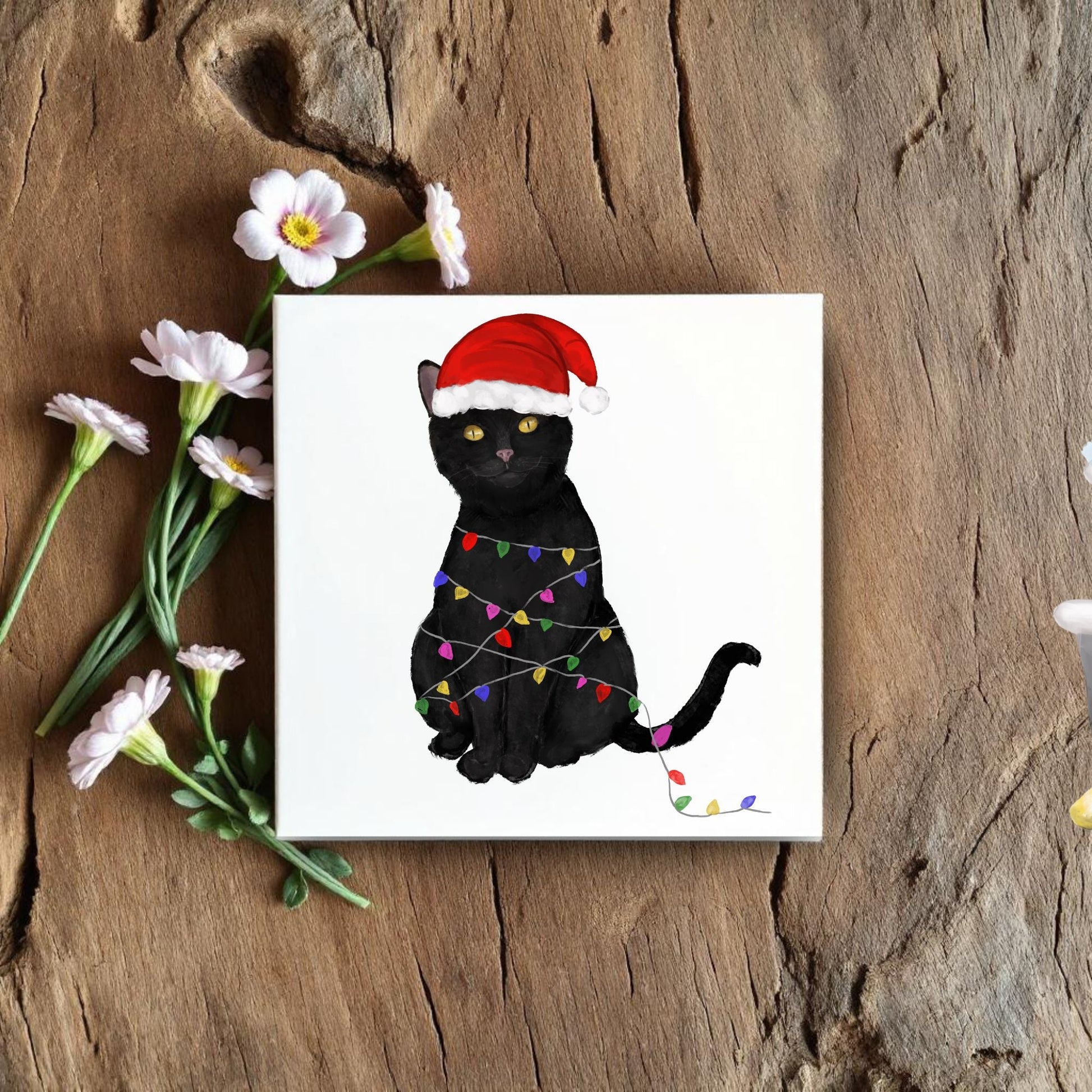 Black Cat Christmas Lights Ceramic Tile - MerikaArt