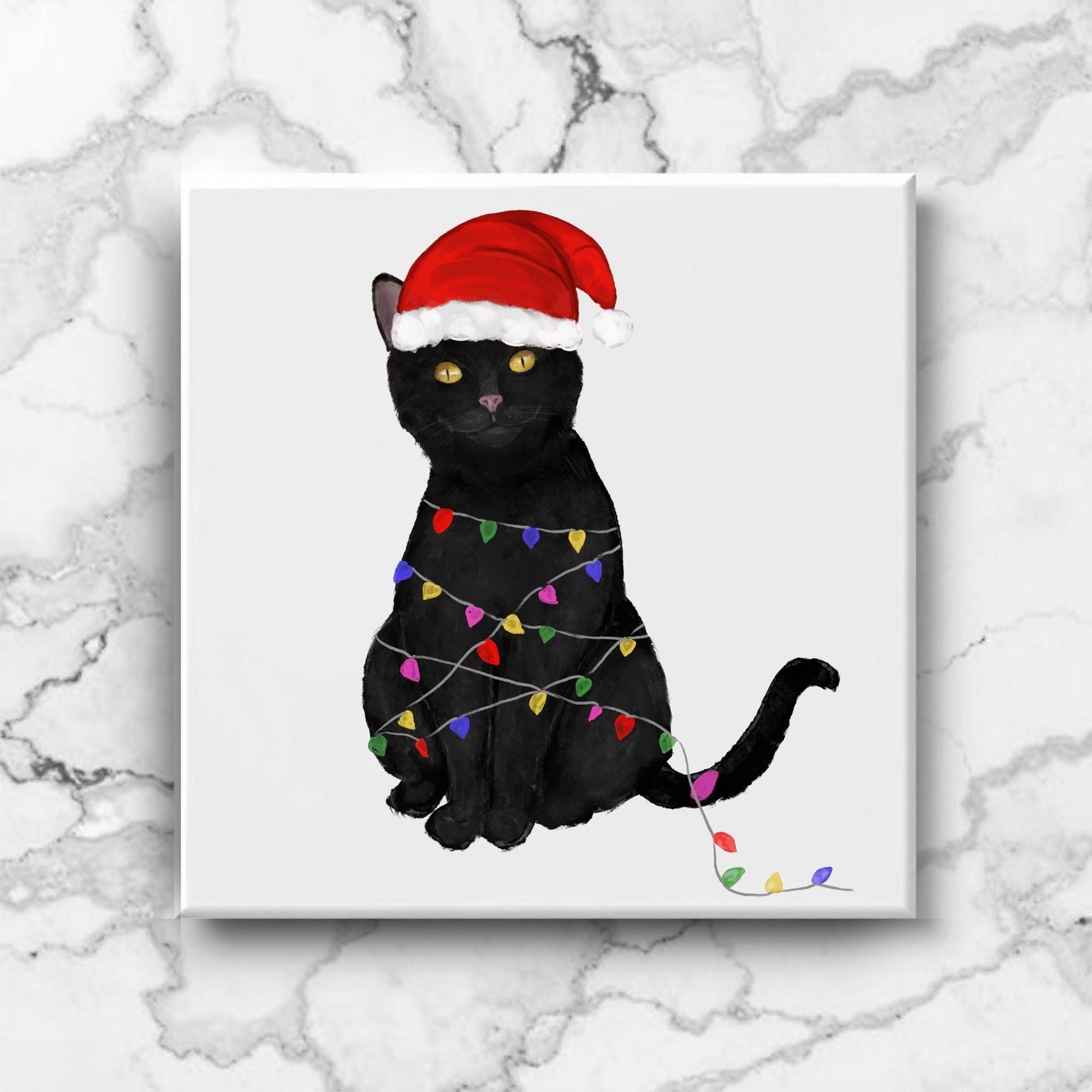 Black Cat Christmas Lights Ceramic Tile - MerikaArt