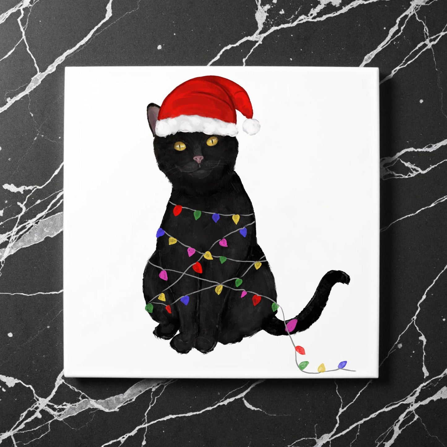 Black Cat Christmas Lights Ceramic Tile - MerikaArt
