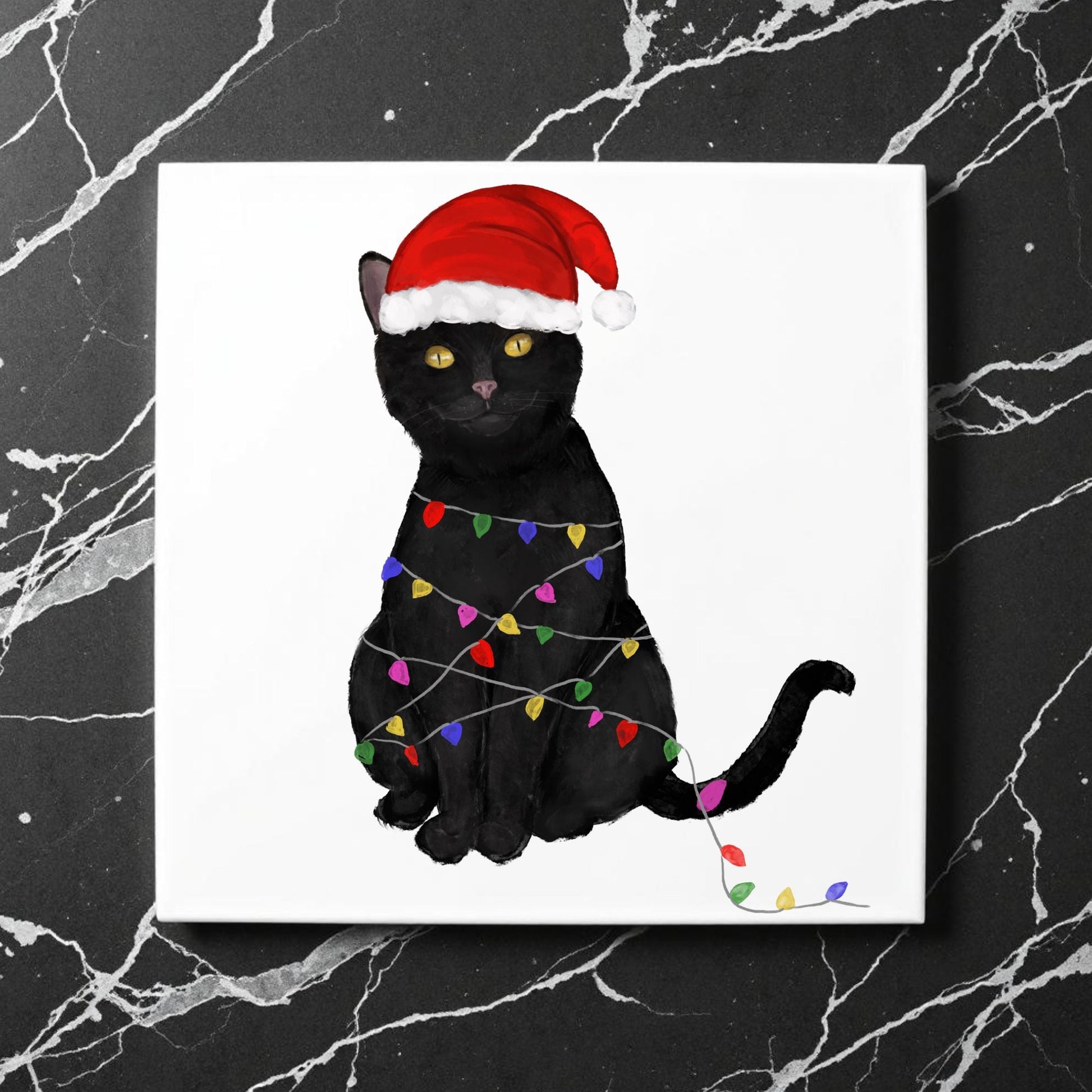 Black Cat Christmas Lights Ceramic Tile - MerikaArt