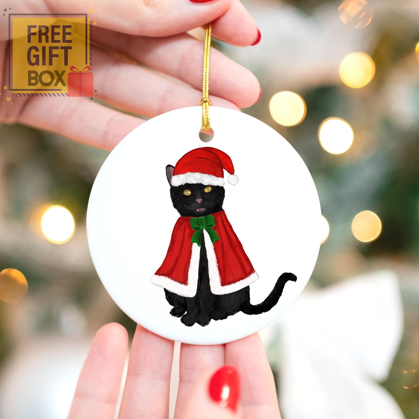 Black Cat Christmas Ornament - MerikaArt