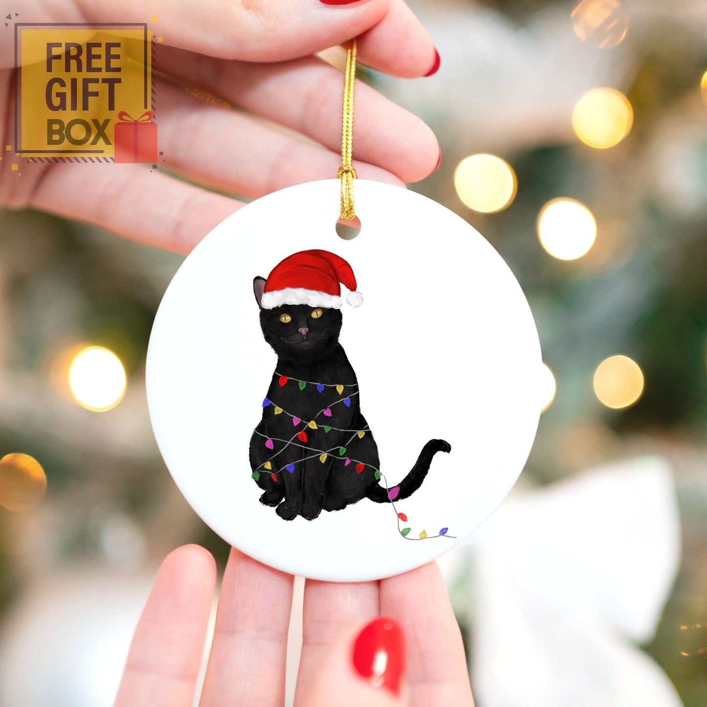Black Cat Christmas Ornament - MerikaArt