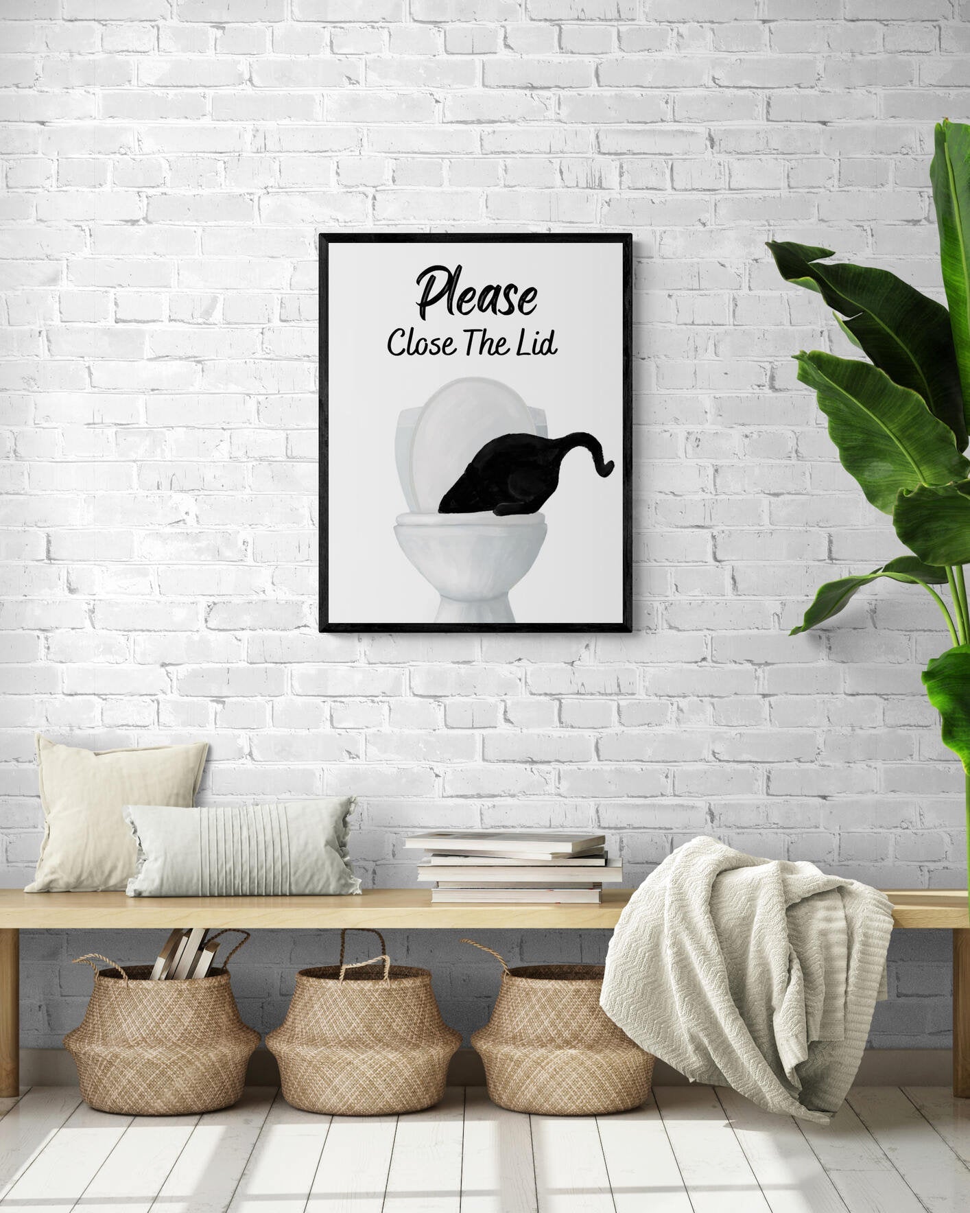 Black Cat Drinking from Toilet Art Poster – "Please Close The Lid" Fun Bathroom Art Print - MerikaArt