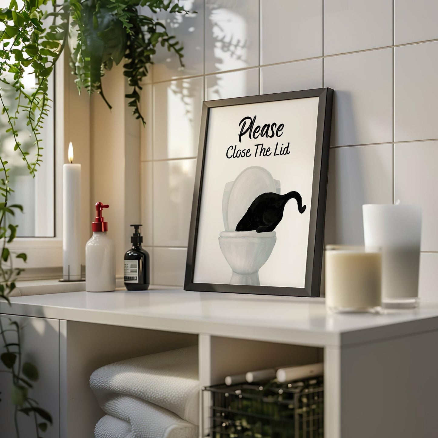 Black Cat Drinking from Toilet Art Poster – "Please Close The Lid" Fun Bathroom Art Print - MerikaArt