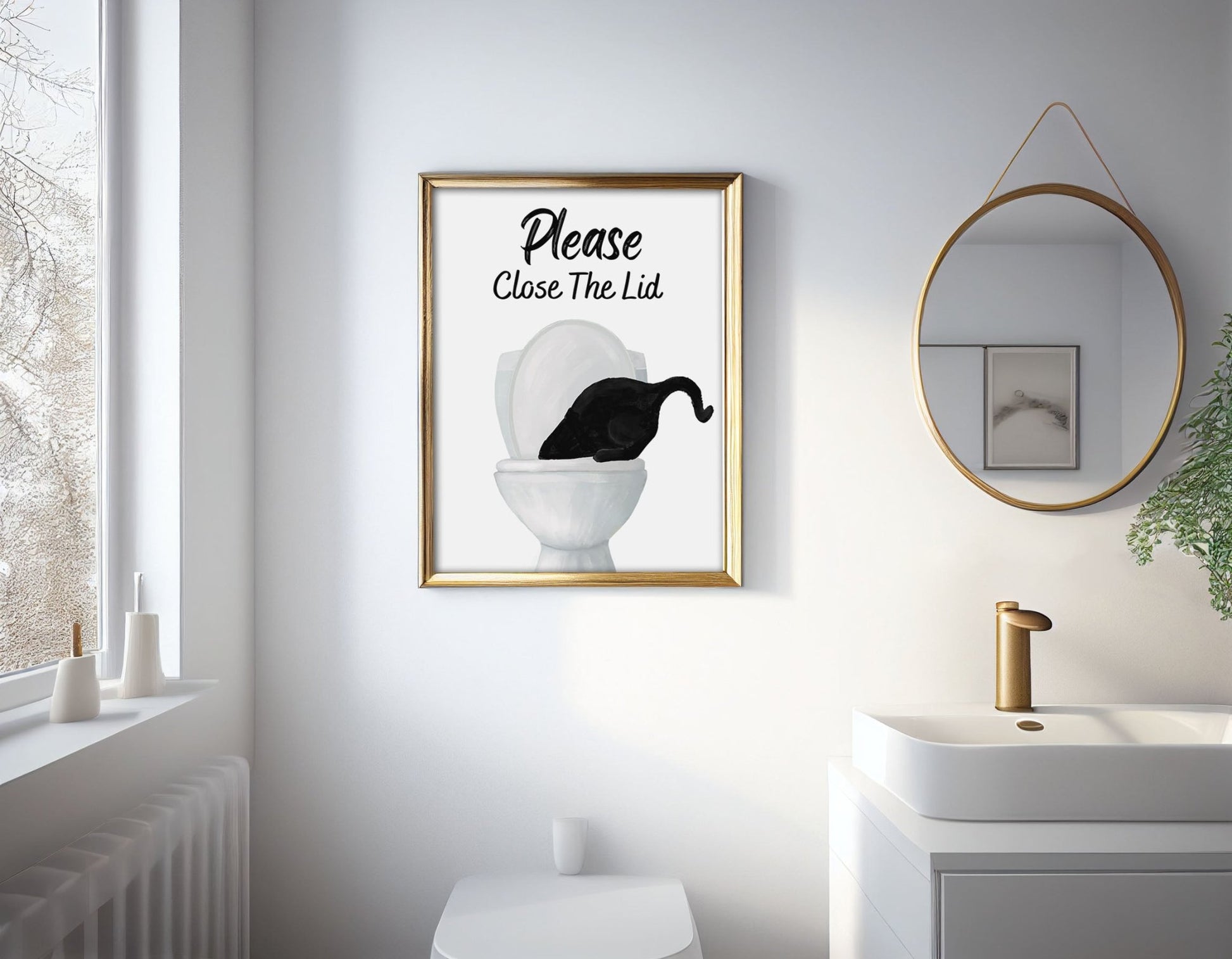 Black Cat Drinking from Toilet Art Poster – "Please Close The Lid" Fun Bathroom Art Print - MerikaArt