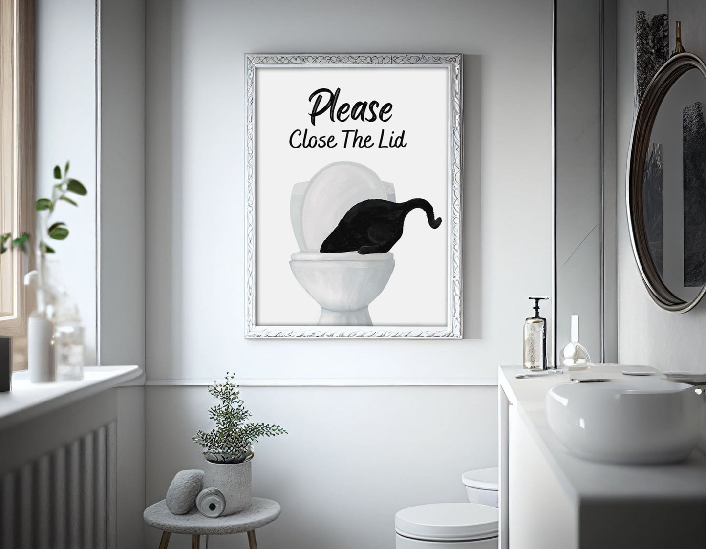 Black Cat Drinking from Toilet Art Poster – "Please Close The Lid" Fun Bathroom Art Print - MerikaArt