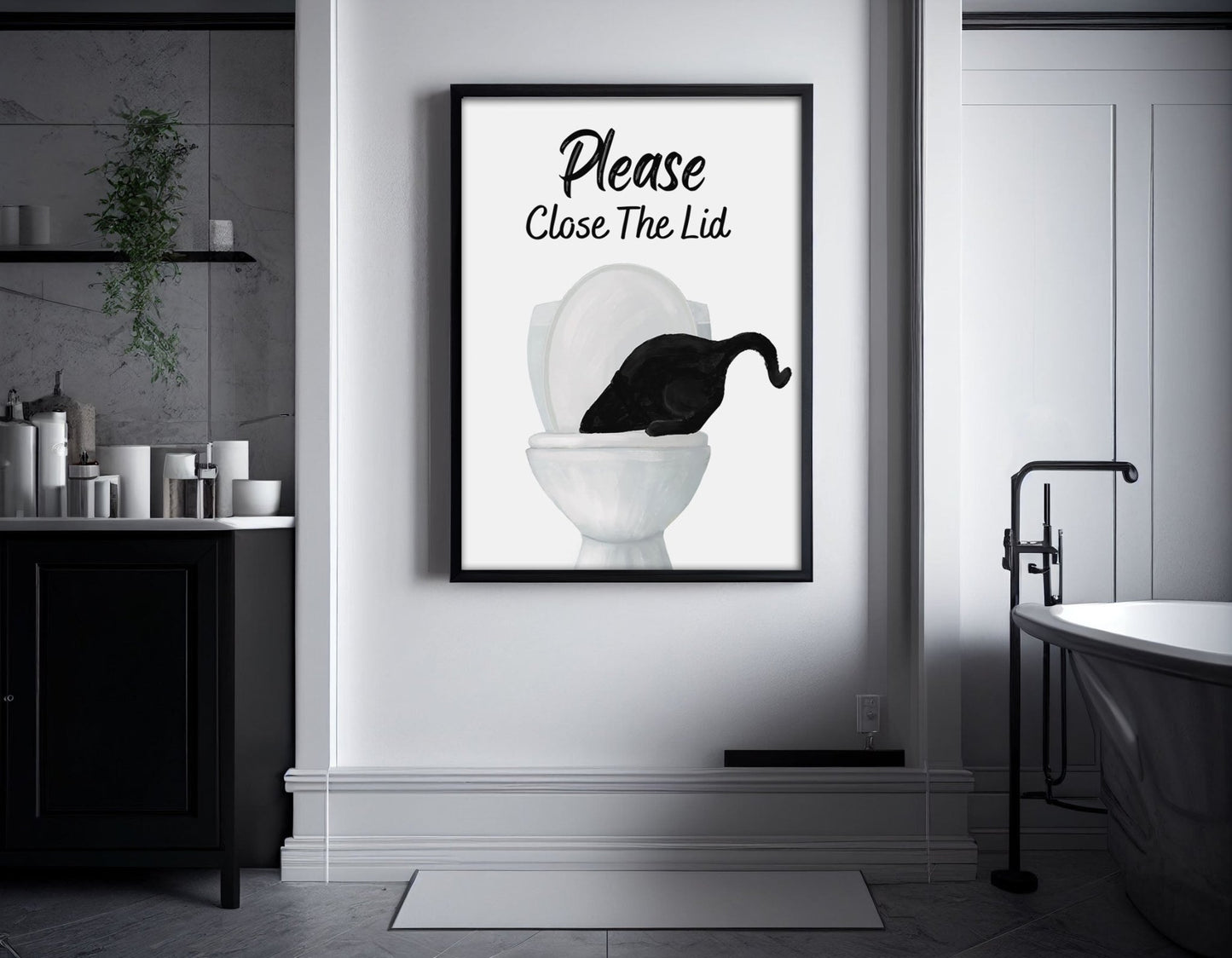 Black Cat Drinking from Toilet Art Poster – "Please Close The Lid" Fun Bathroom Art Print - MerikaArt