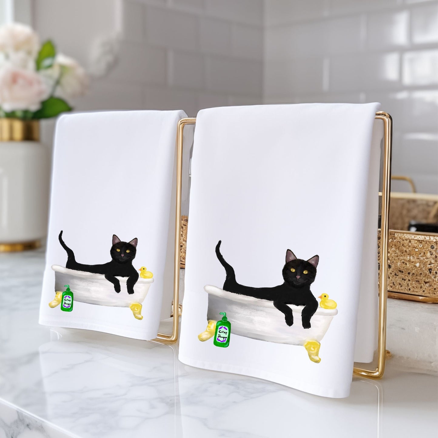 Black Cat in Bathtub Bathroom Towel - MerikaArt