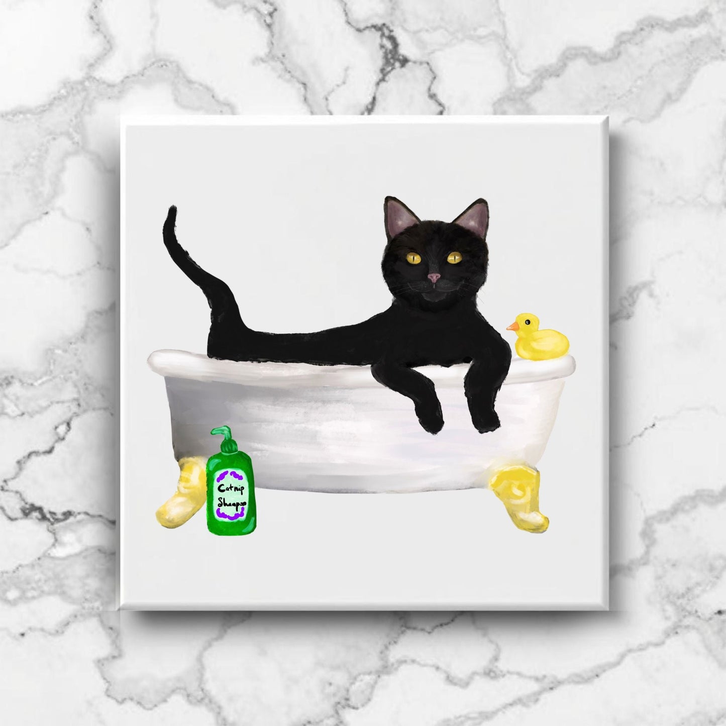 Black Cat in Bathtub Ceramic Tile – Handcrafted Whimsical Pet Art Decor - MerikaArt