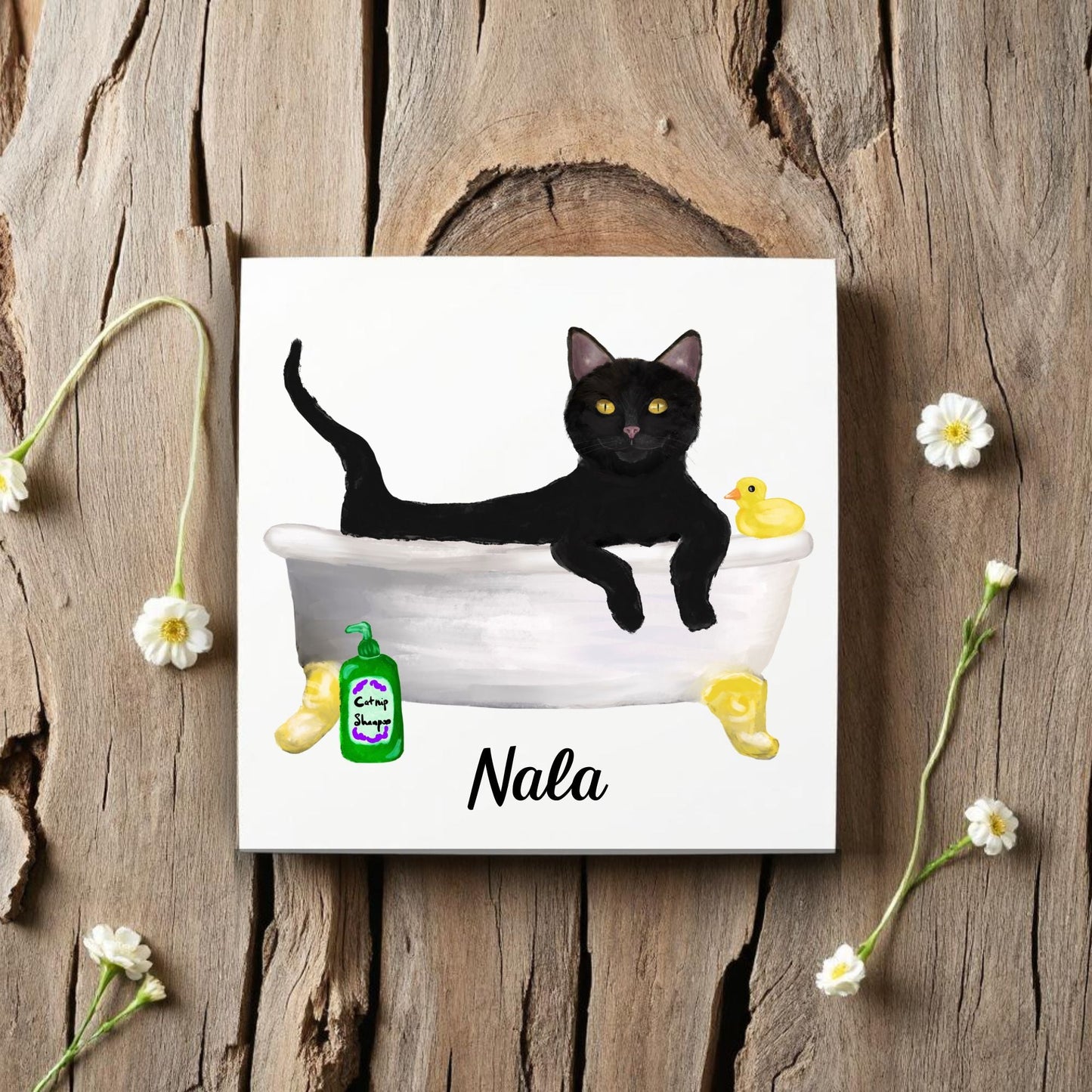 Black Cat in Bathtub Ceramic Tile – Handcrafted Whimsical Pet Art Decor - MerikaArt