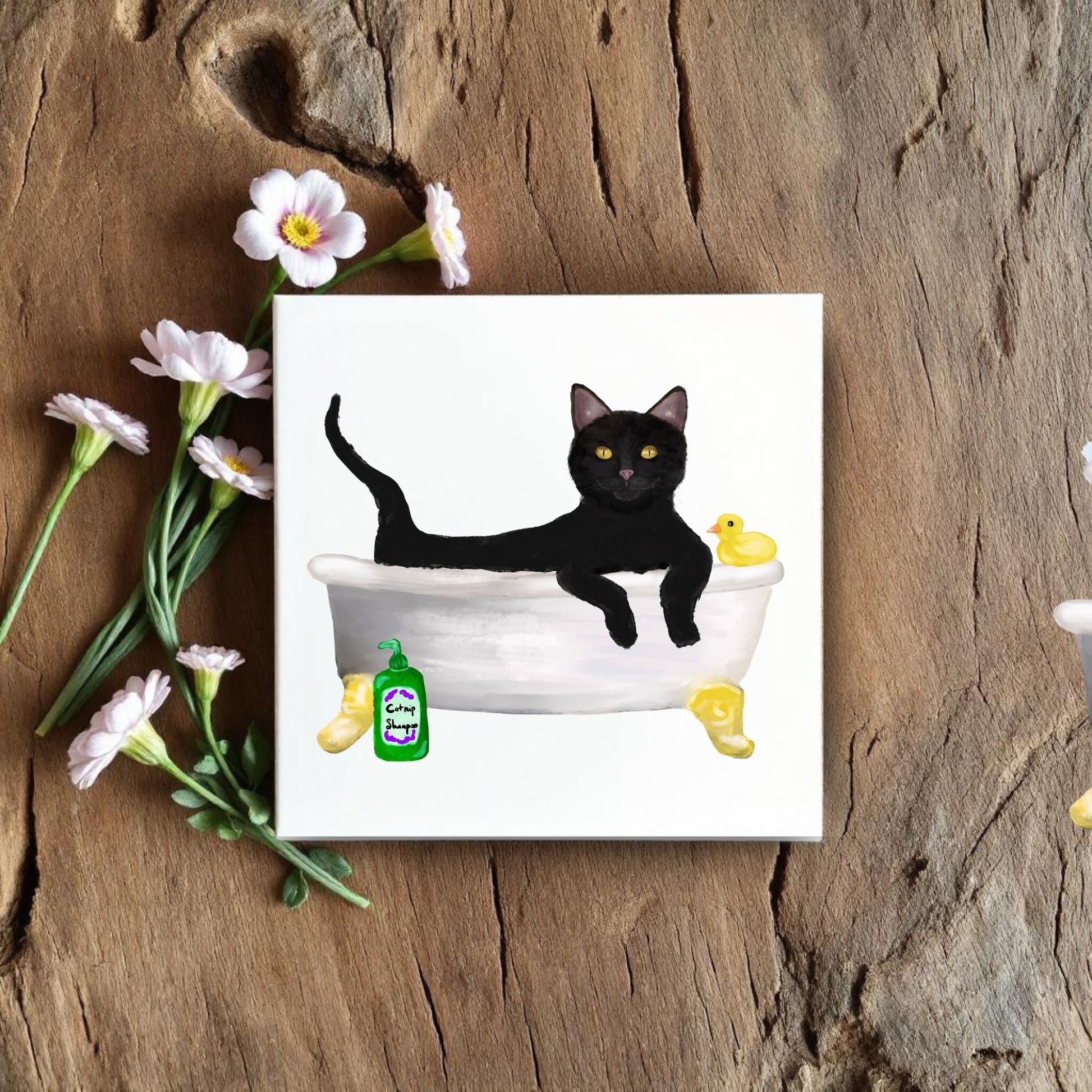 Black Cat in Bathtub Ceramic Tile – Handcrafted Whimsical Pet Art Decor - MerikaArt