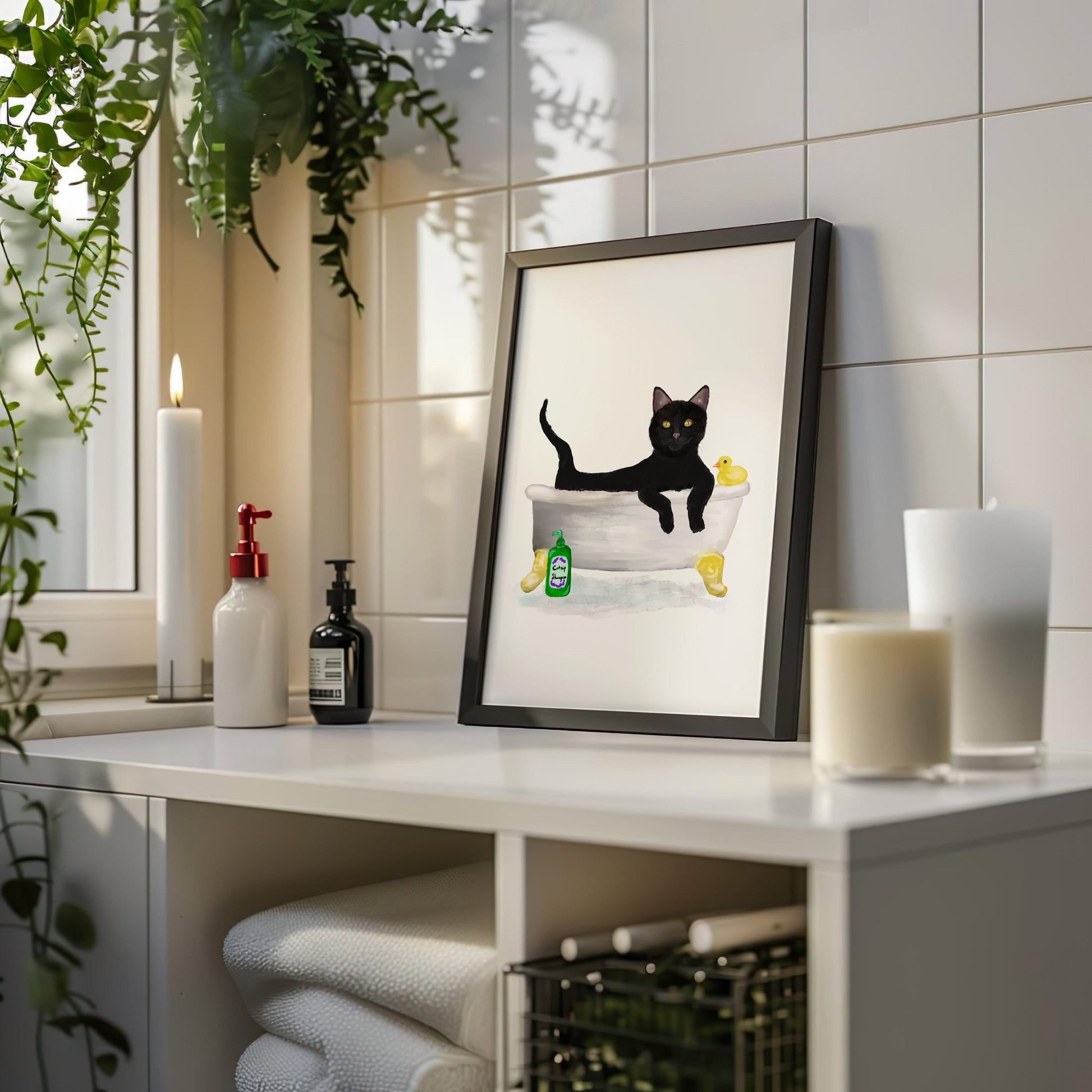 Black Cat in Bathtub – Fun and Unique Cat Art Print - MerikaArt