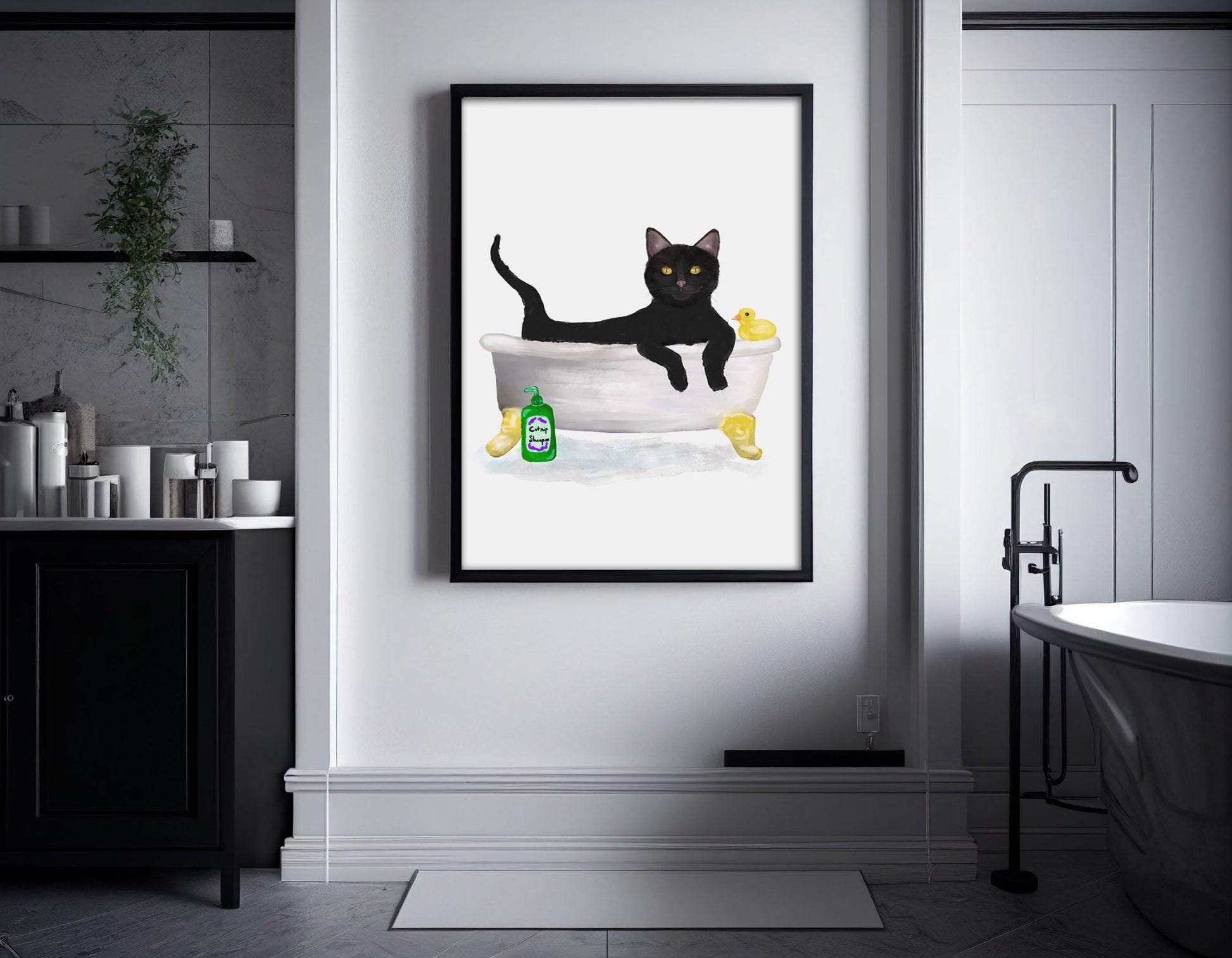 Black Cat in Bathtub – Fun and Unique Cat Art Print - MerikaArt