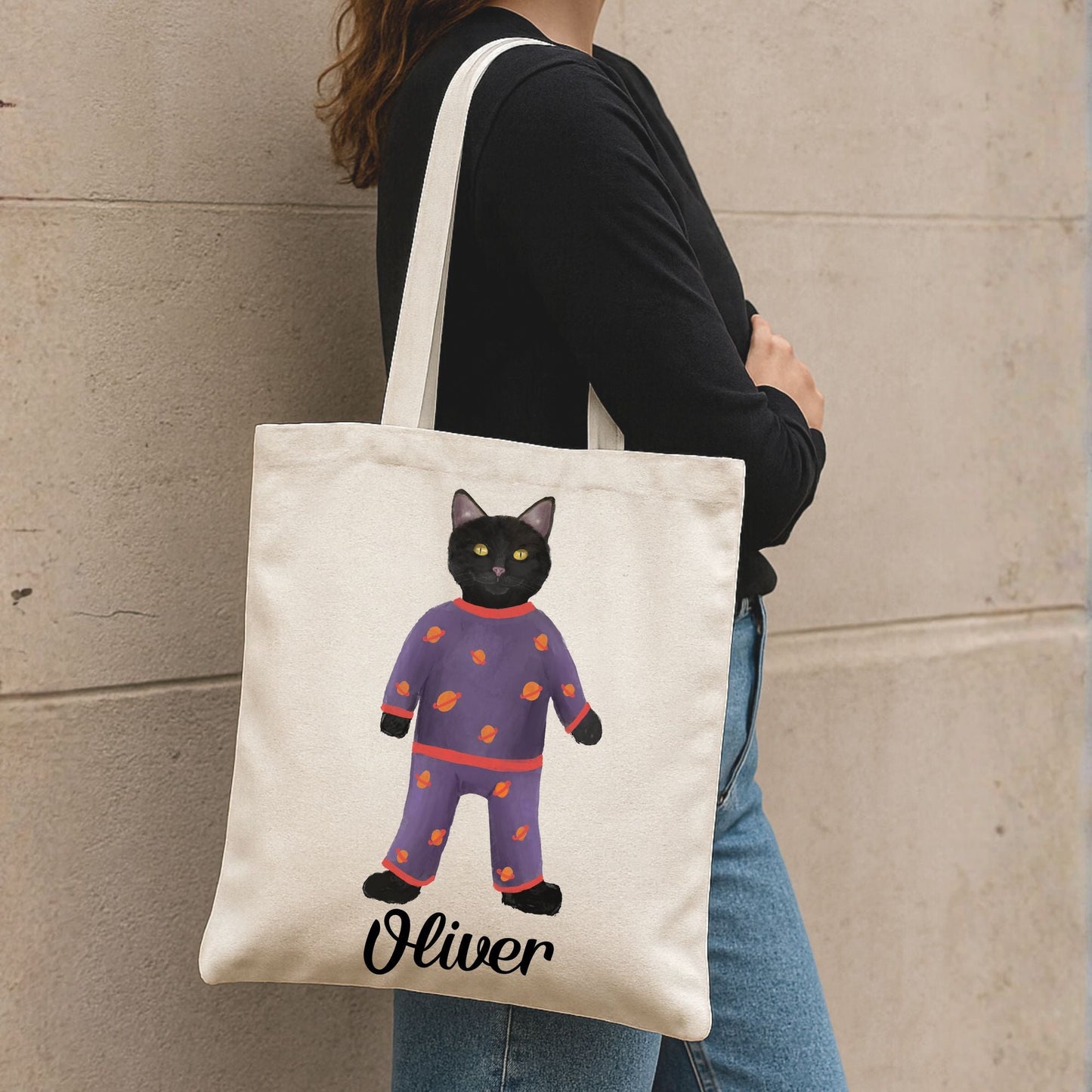 Black Cat in Pajamas Canvas Tote Bag - MerikaArt