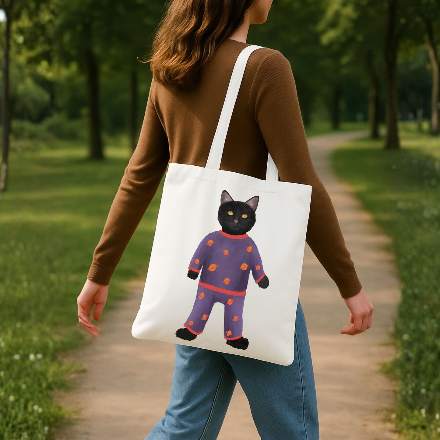Black Cat in Pajamas Canvas Tote Bag - MerikaArt