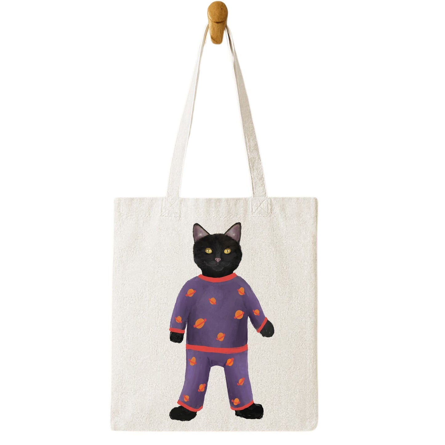Black Cat in Pajamas Canvas Tote Bag - MerikaArt