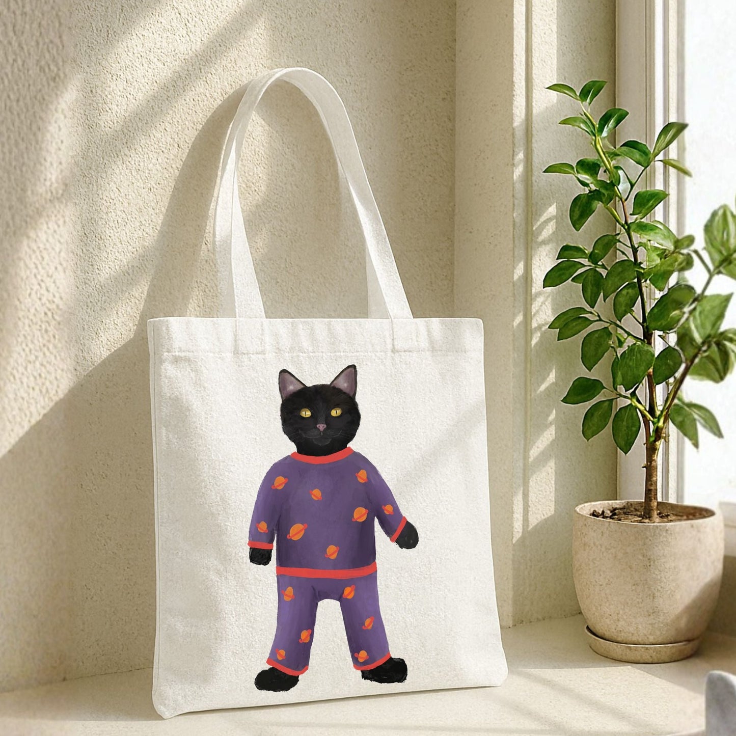 Black Cat in Pajamas Canvas Tote Bag - MerikaArt