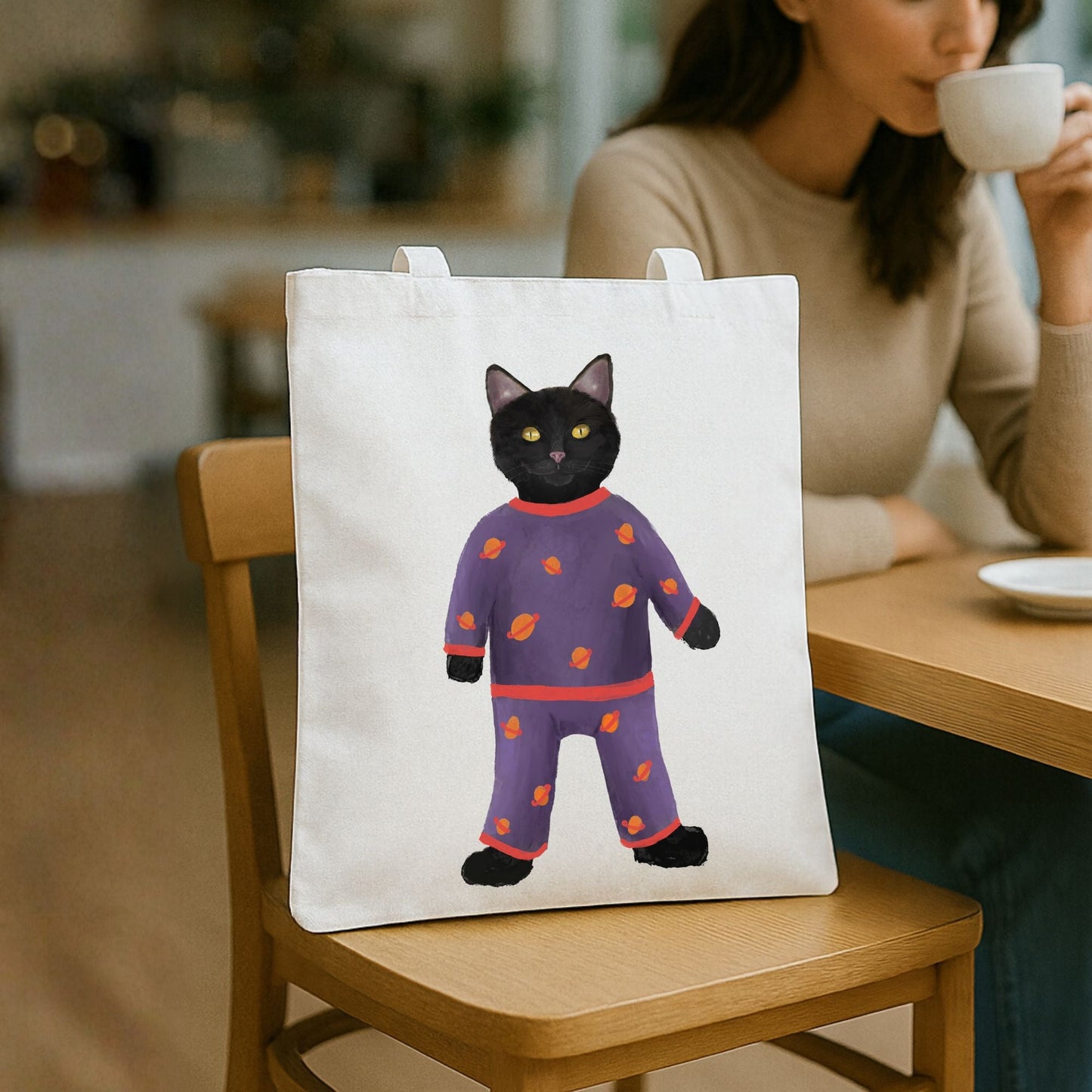 Black Cat in Pajamas Canvas Tote Bag - MerikaArt