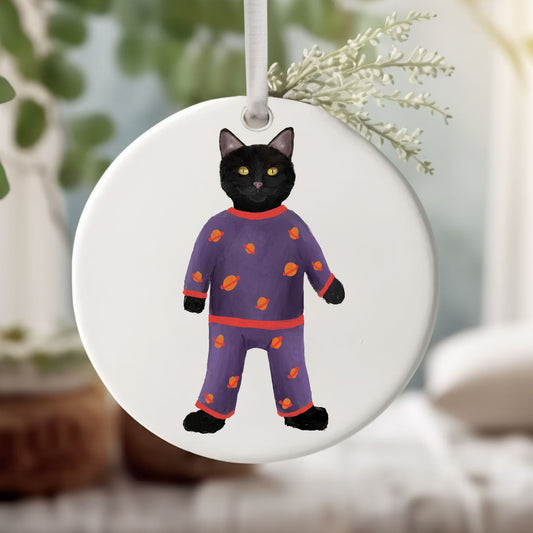 Black Cat in Pajamas Ceramic Ornament - MerikaArt