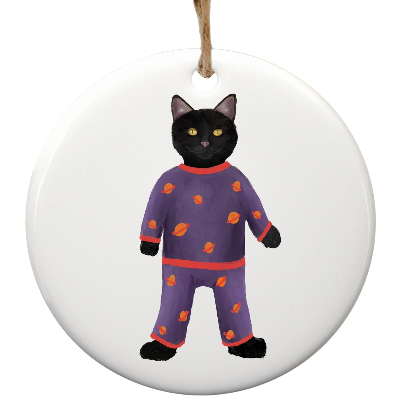 Black Cat in Pajamas Ceramic Ornament - MerikaArt