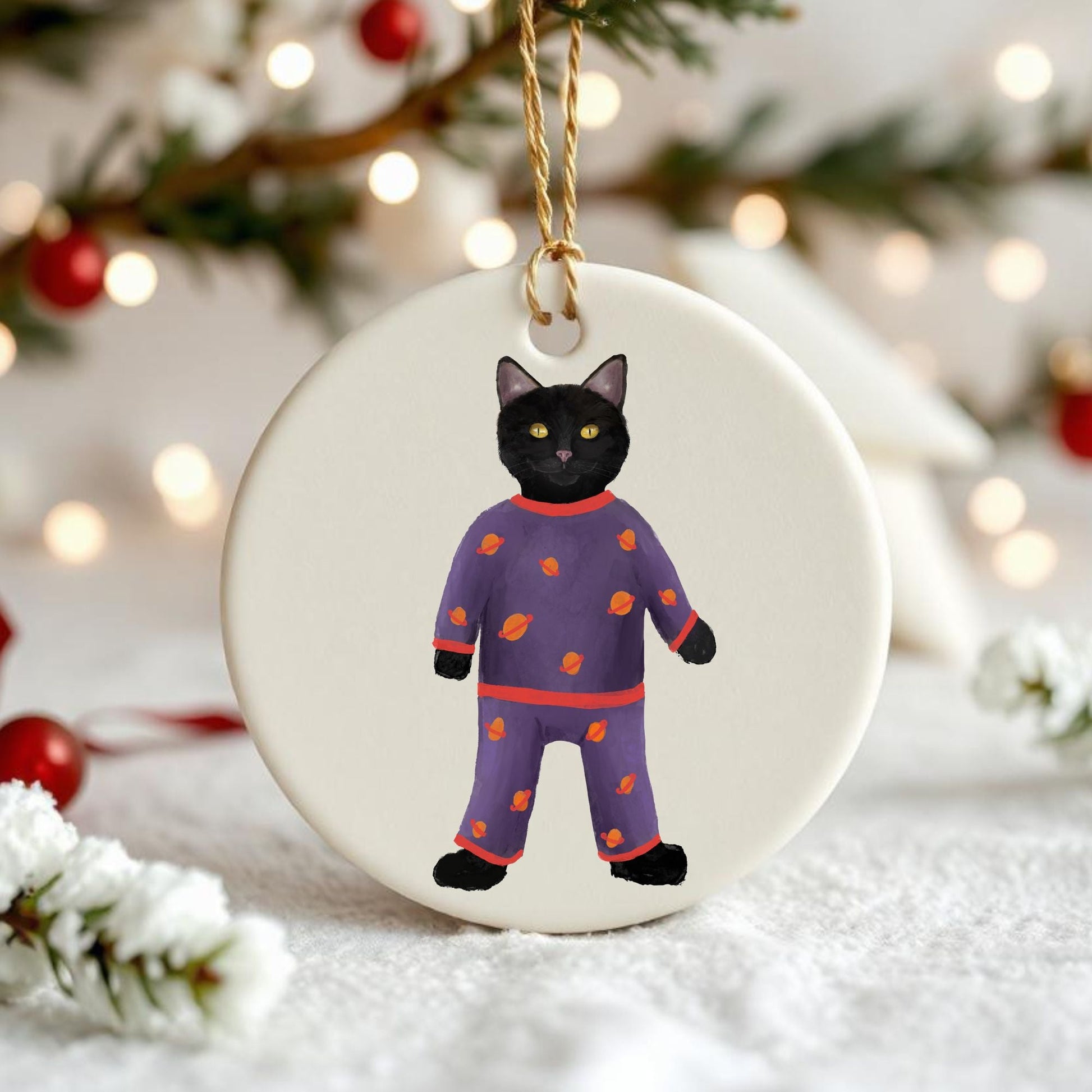 Black Cat in Pajamas Ceramic Ornament - MerikaArt