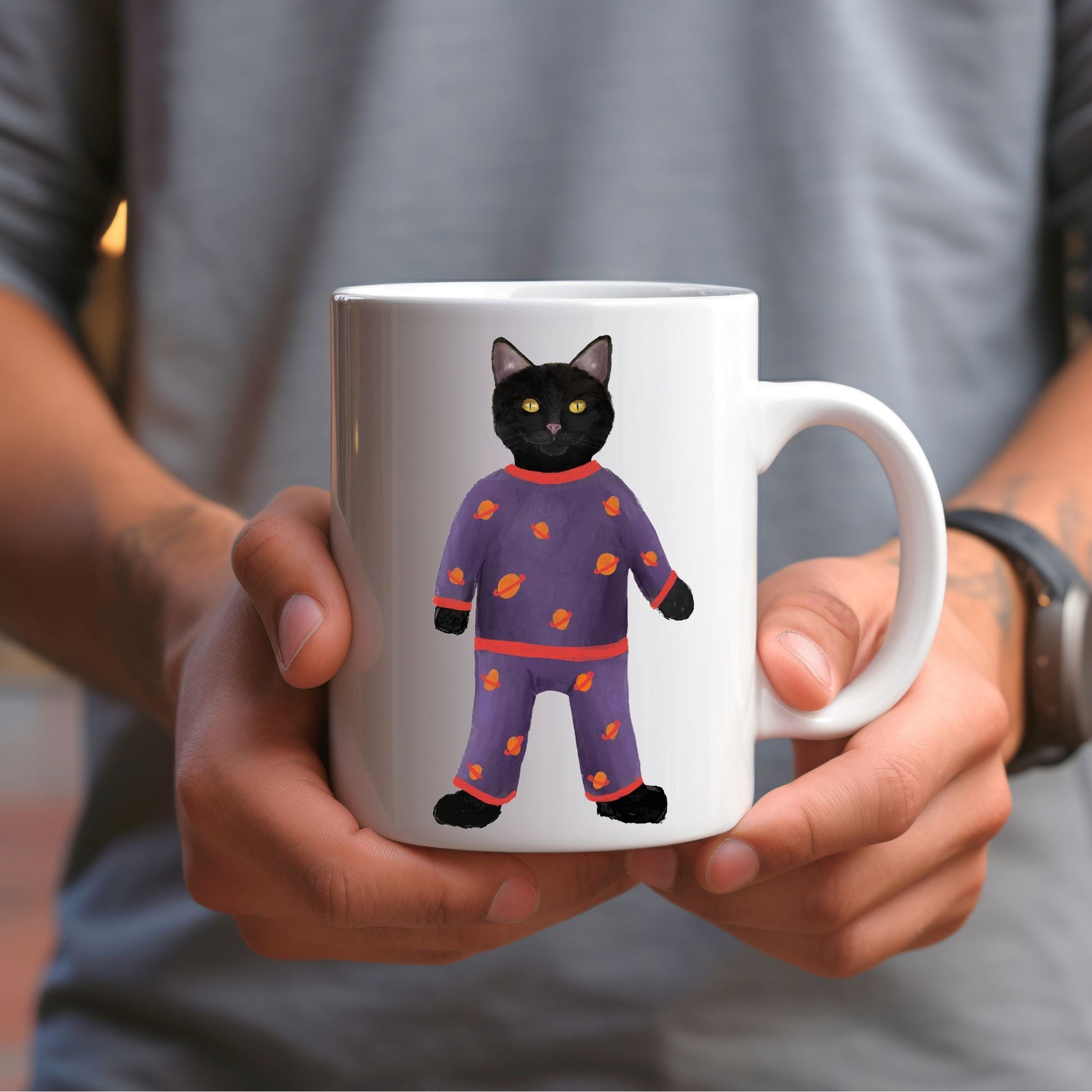 Black Cat in Pajamas Mug - MerikaArt