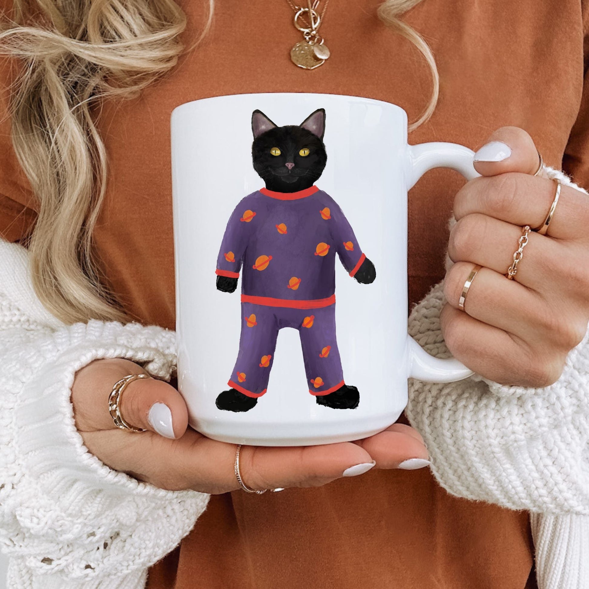 Black Cat in Pajamas Mug - MerikaArt