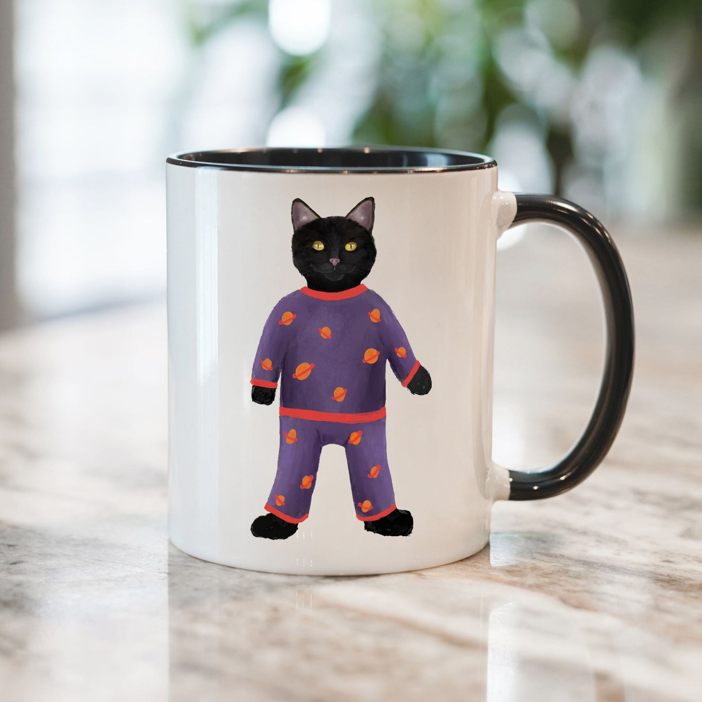 Black Cat in Pajamas Mug - MerikaArt