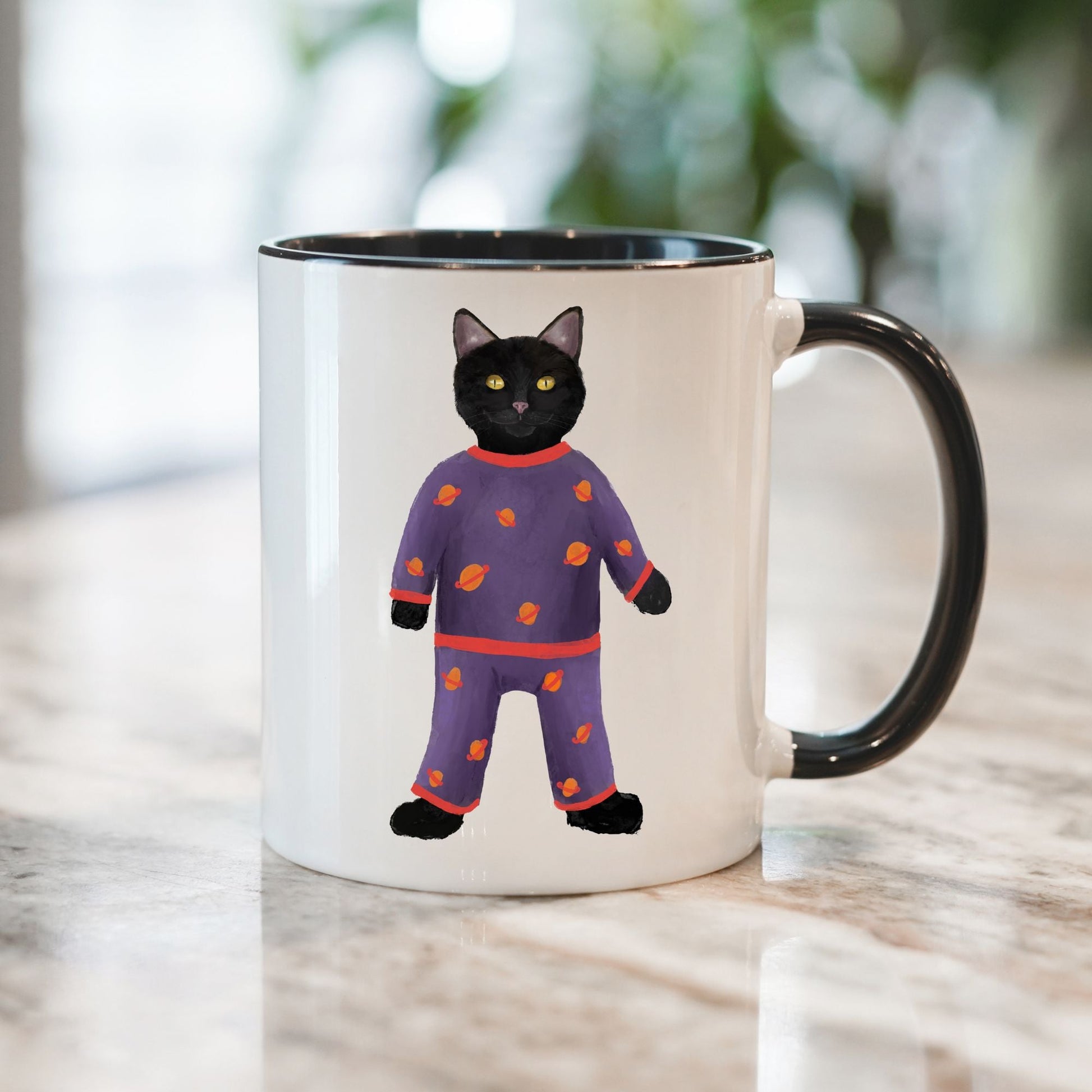 Black Cat in Pajamas Mug - MerikaArt