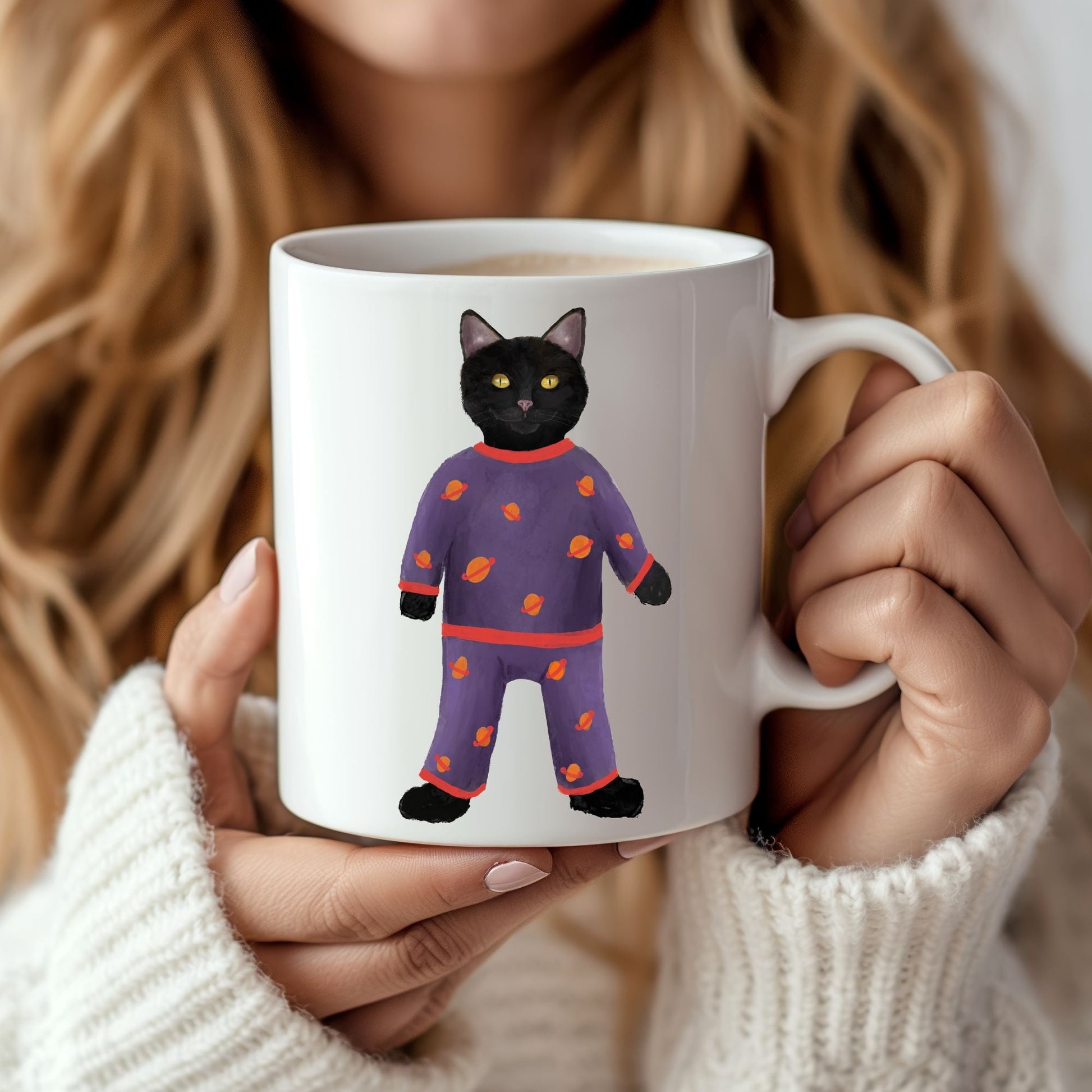 Black Cat in Pajamas Mug - MerikaArt