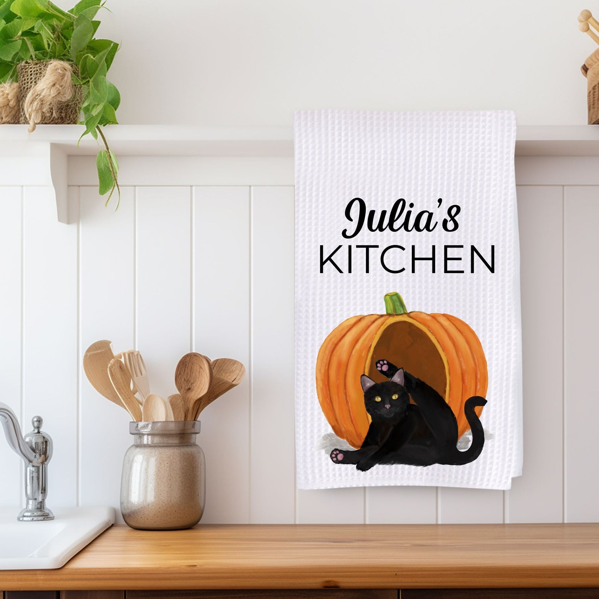 Black Cat in Pumpkin Kitchen Towel - MerikaArt