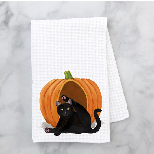 Black Cat in Pumpkin Kitchen Towel - MerikaArt