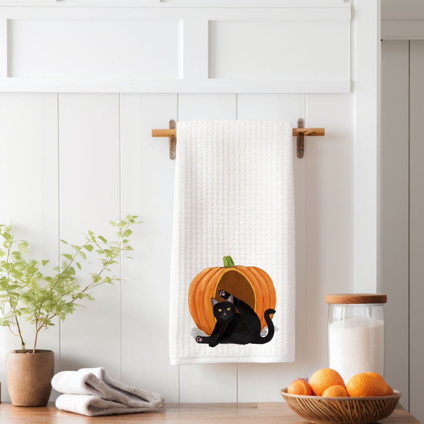 Black Cat in Pumpkin Kitchen Towel - MerikaArt