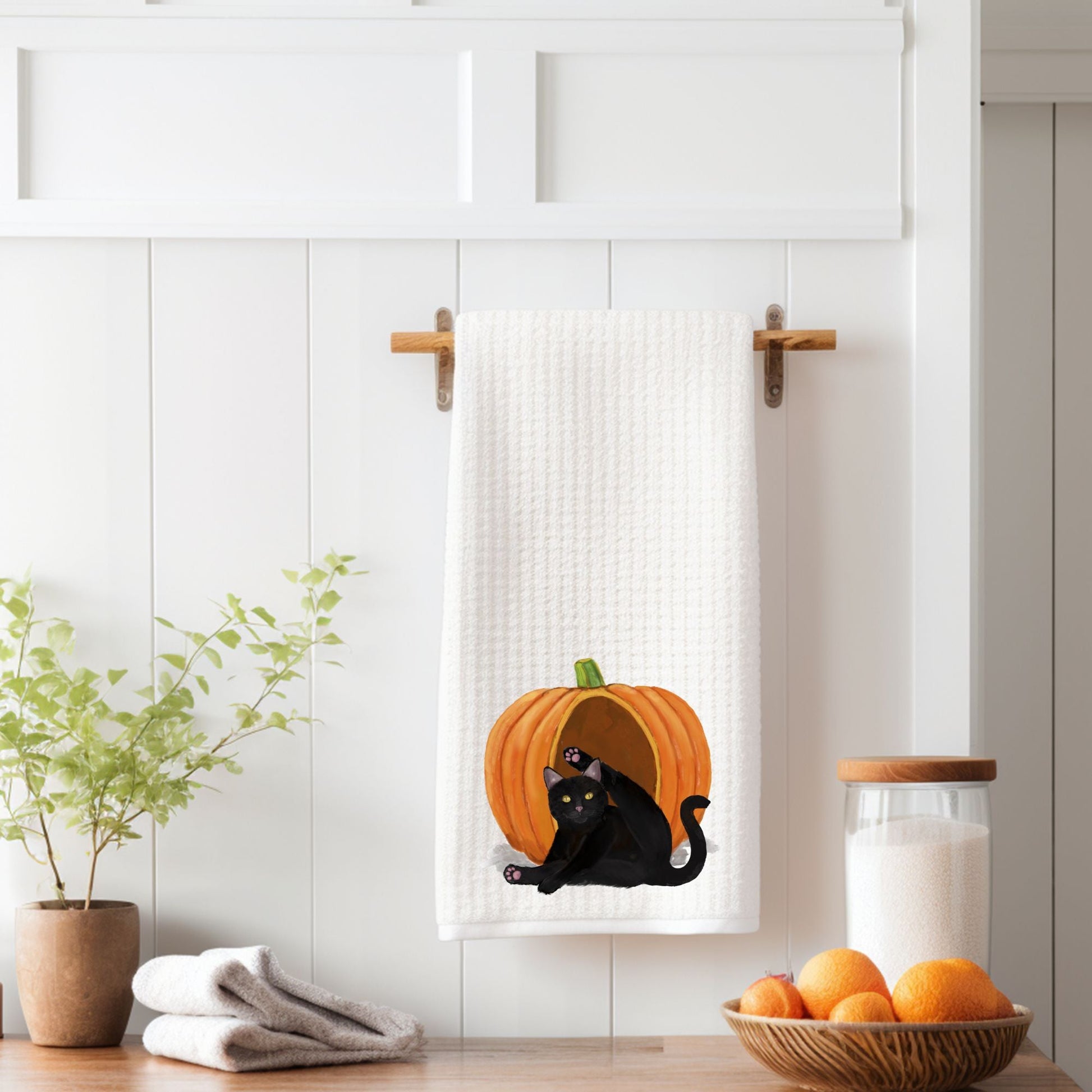 Black Cat in Pumpkin Kitchen Towel - MerikaArt