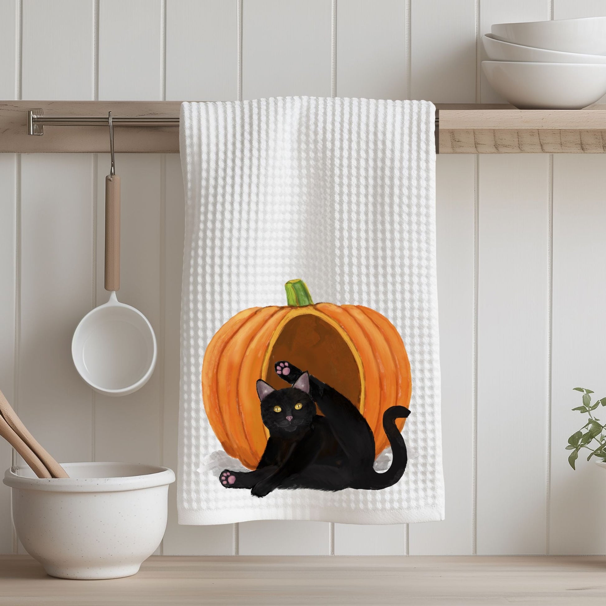 Black Cat in Pumpkin Kitchen Towel - MerikaArt