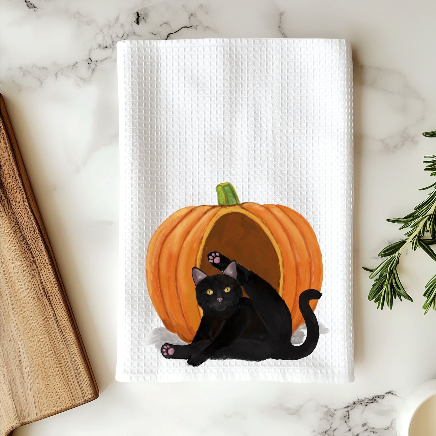 Black Cat in Pumpkin Kitchen Towel - MerikaArt