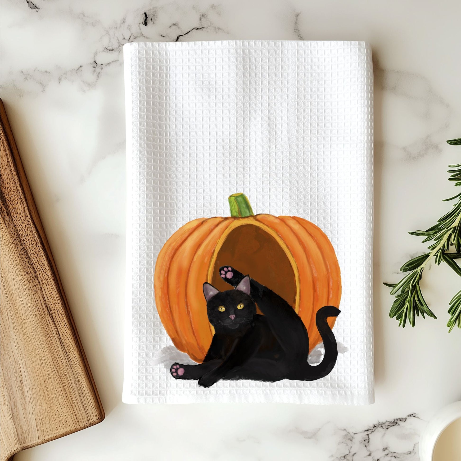 Black Cat in Pumpkin Kitchen Towel - MerikaArt