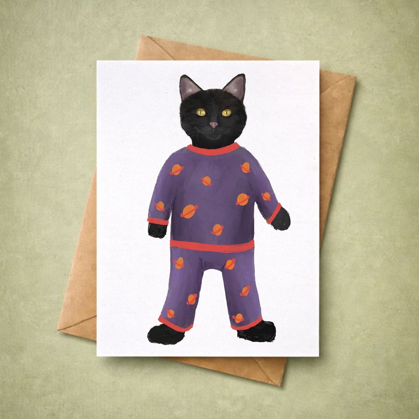 Black Cat In Purple Pajamas Postcard - MerikaArt